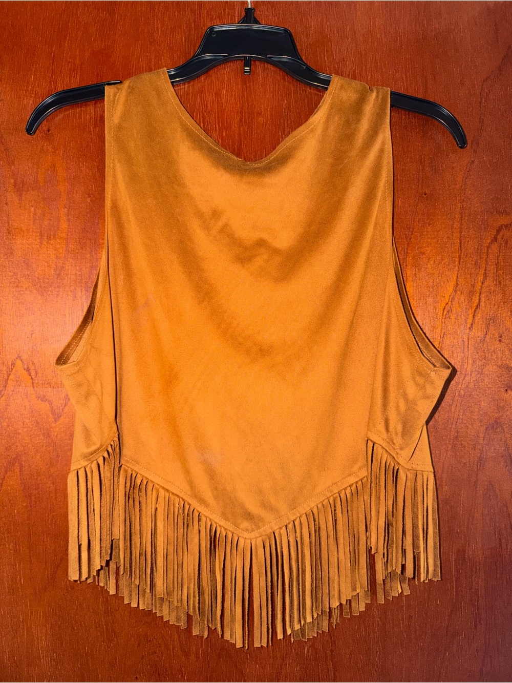 Brown Faux Suede Sleeveless Fringe Vest Top With Tie Closure